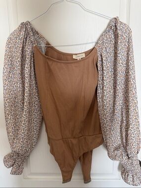 Promesa Brown Ribbed Bodysuit with Floral Puff Sleeves
